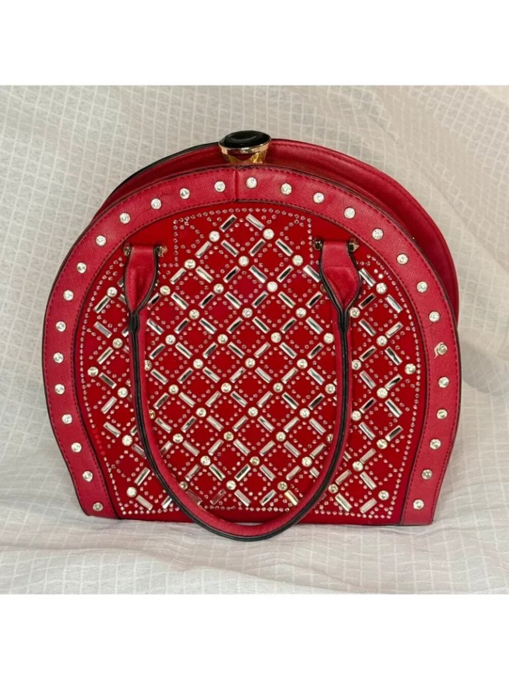 Red Dome Satchel Handbag Clear Rhinestones Crystals & Silver Studs Bling Purse